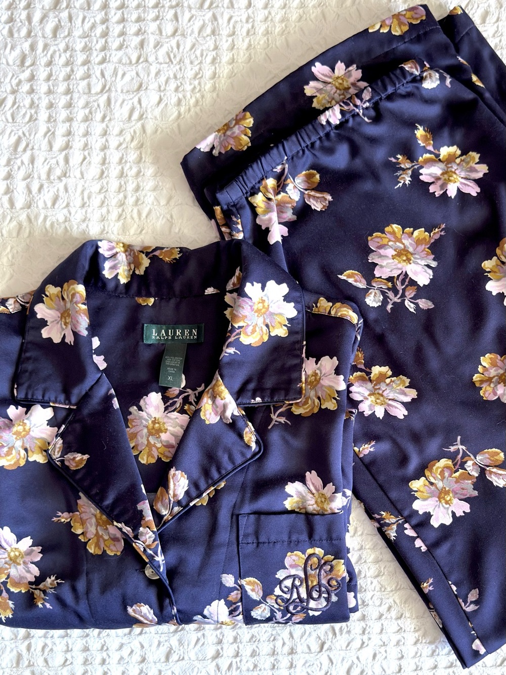 Lauren Ralph Lauren English Manor II Pajama Set Women’s XL Navy Floral Wide Leg
